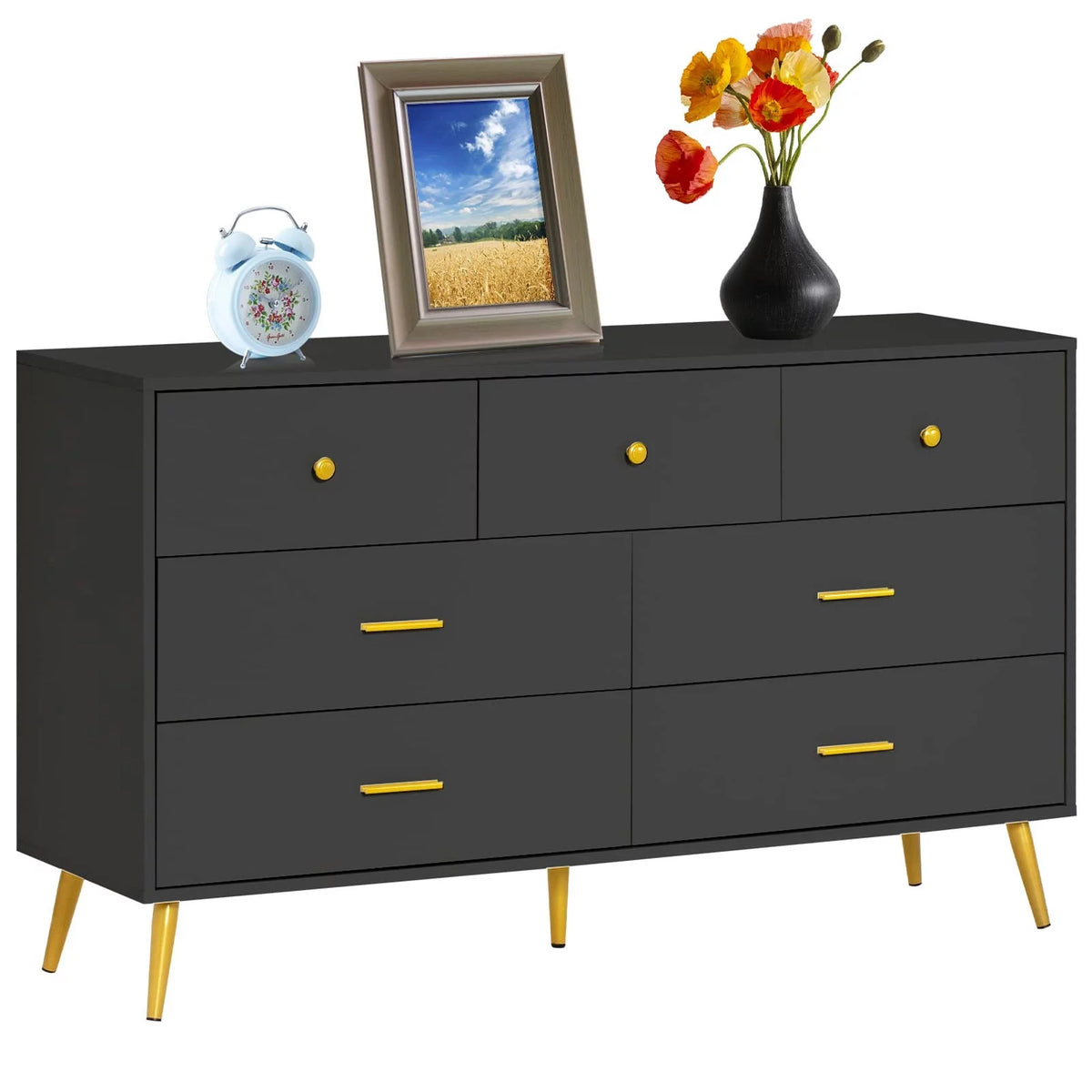 White and Gold 7 Drawer Wood Dresser Y929343