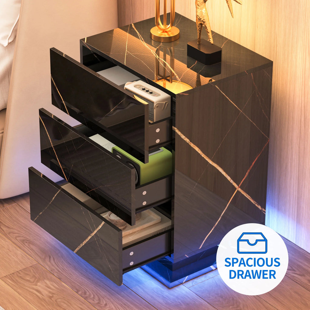 Set of 2 LED Nightstand with Drawer, Marble Black P847087