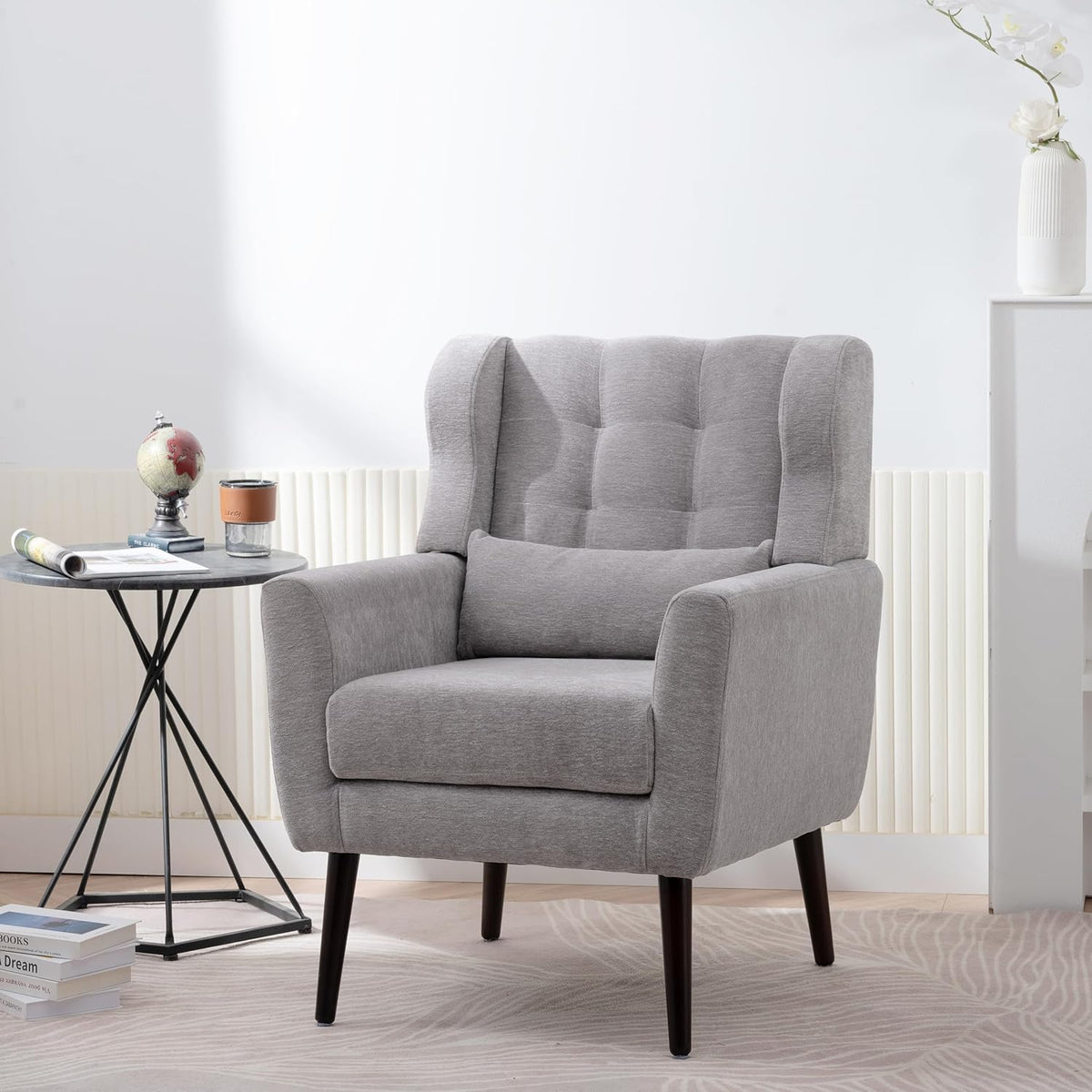 Chenille Upholstered Accent Chair with Pillow, Solid Wood Leg S498