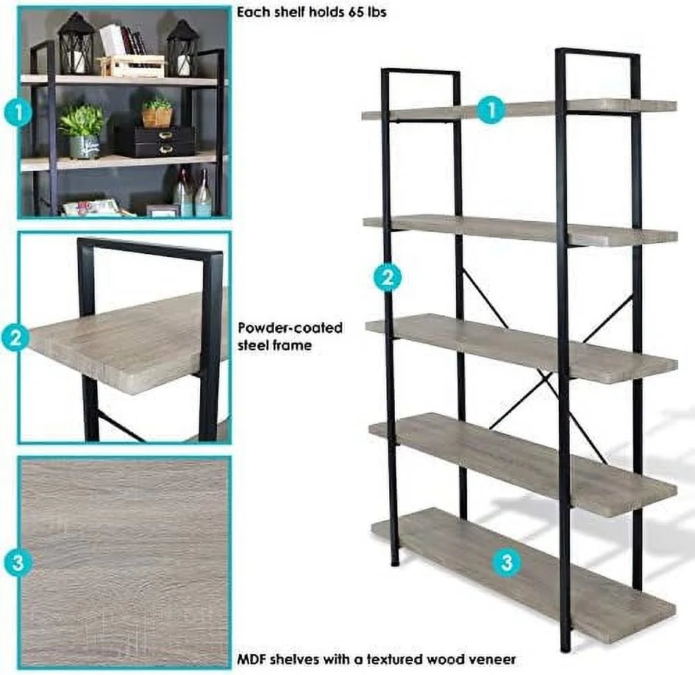 5-Tier Industrial Style Bookshelf with Open Shelves O41891