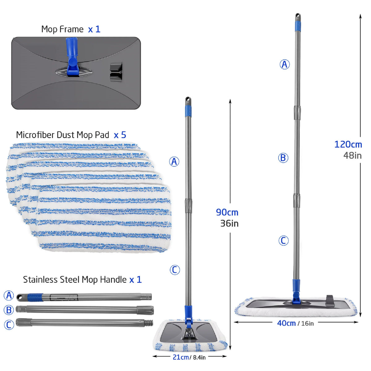 White Flat Mop with 5 Washable Mop Pads L6210