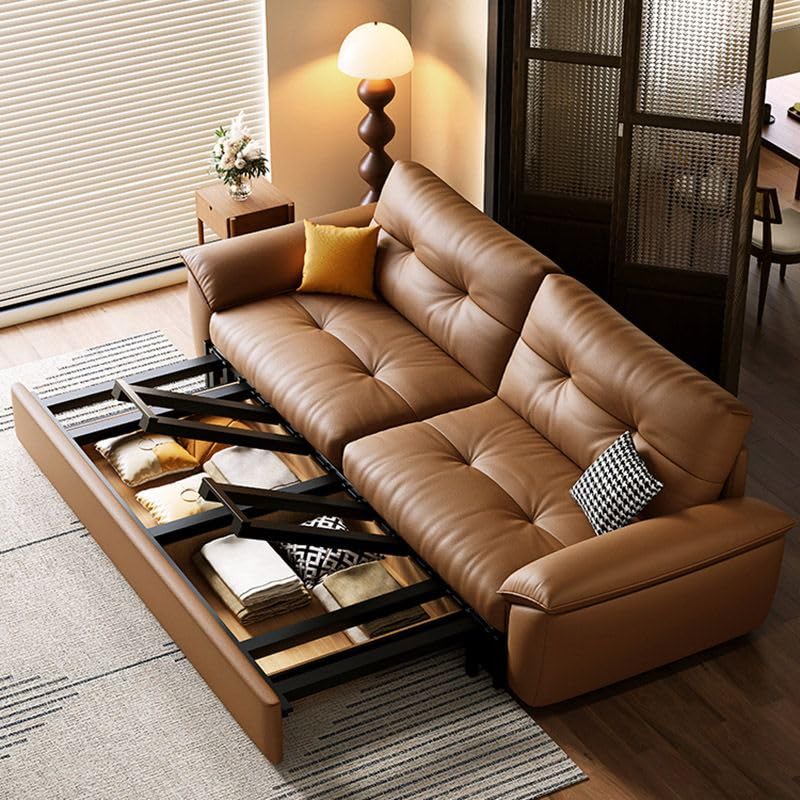 Brown Genuine Leather Convertible Sleeper Sofa Bed with Storage 81" L x 33.5" D x 35" H D16329