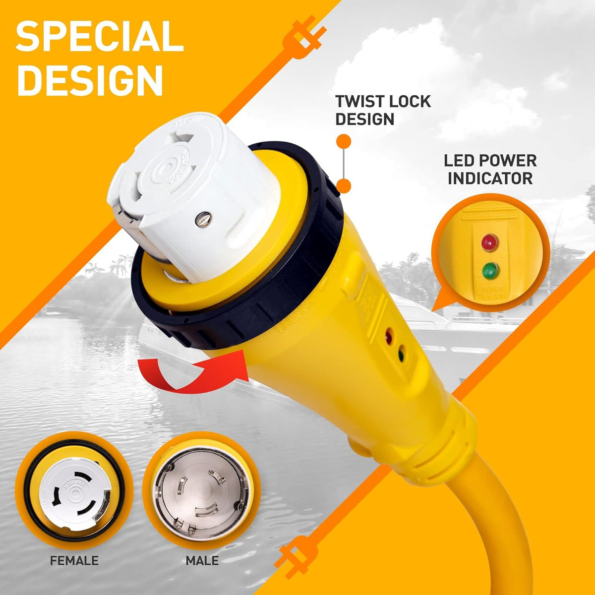 25FT 50 Amp 3 Prong Male to Female Marine Power Cord D827236