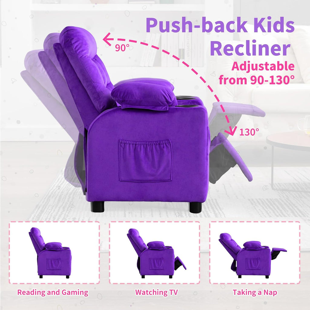 Purple Velvet Toddlers Kids Recliner Chair with Cup Holder D52587