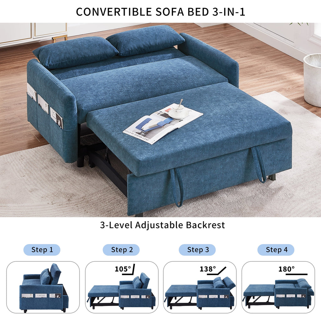 Blue Pull Out Sleep Sofa Bed with Adjustable Backrest and Storage Pockets L1311