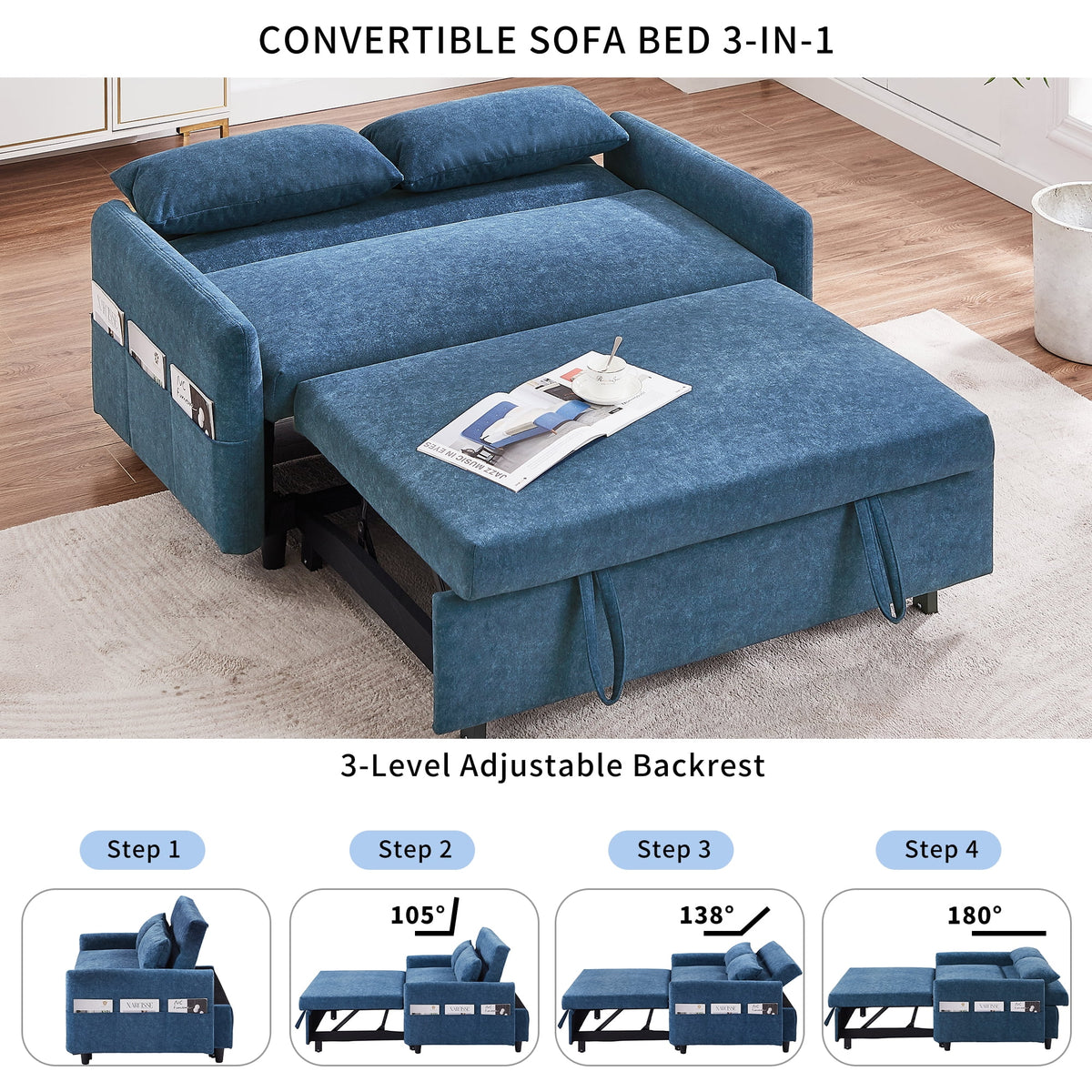 Blue Pull Out Sleep Sofa Bed with Adjustable Backrest and Storage Pockets L1311
