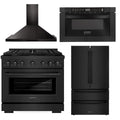 36 in. Gas Range, Range Hood, Microwave Drawer, Refrigerator in Black Stainless L34228