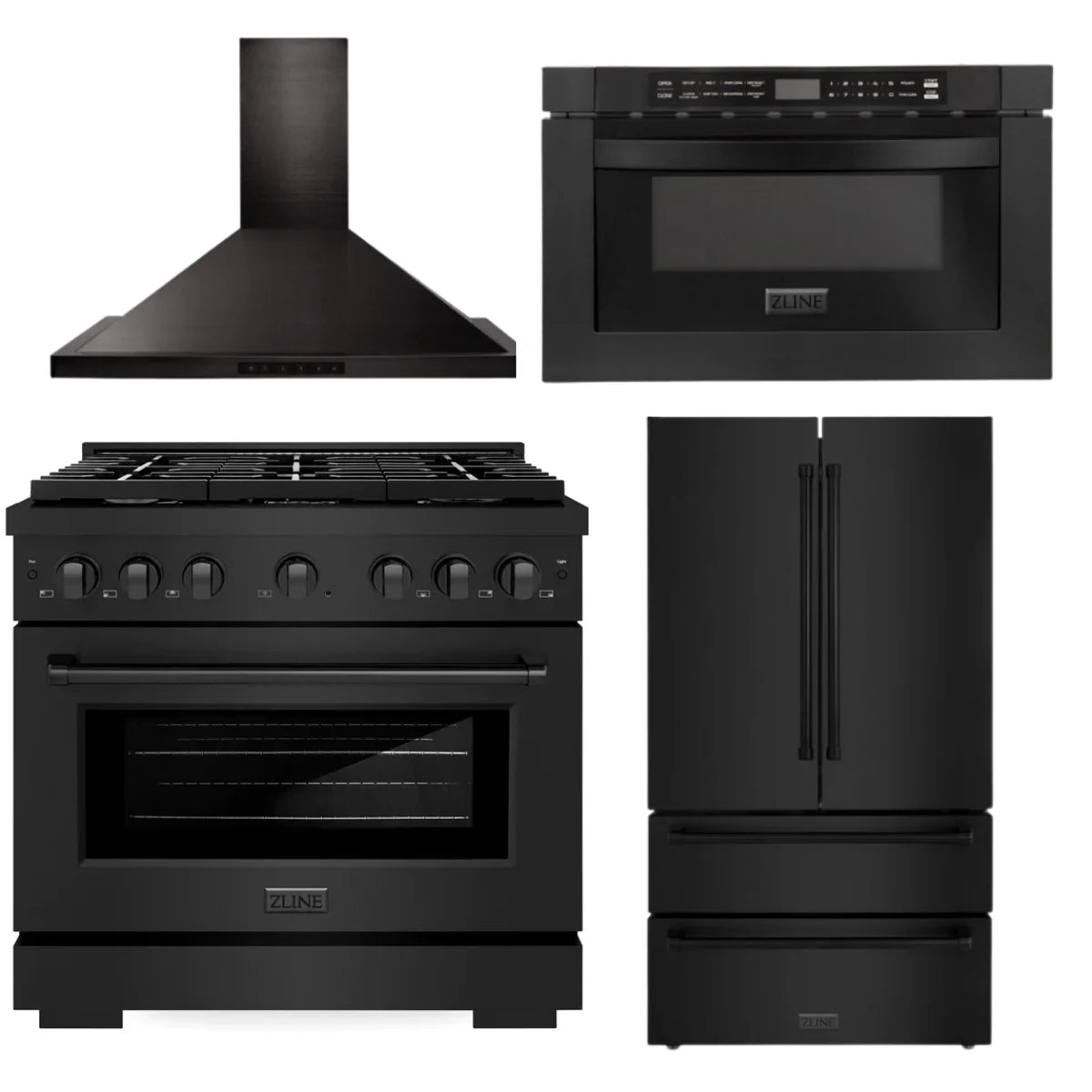 36 in. Gas Range, Range Hood, Microwave Drawer, Refrigerator in Black Stainless L34228