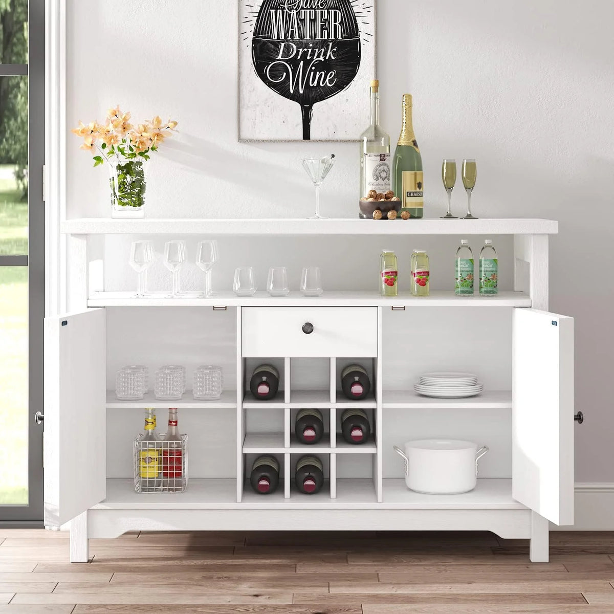White Coffee Bar Cabinet with 9 Wine Racks L5163