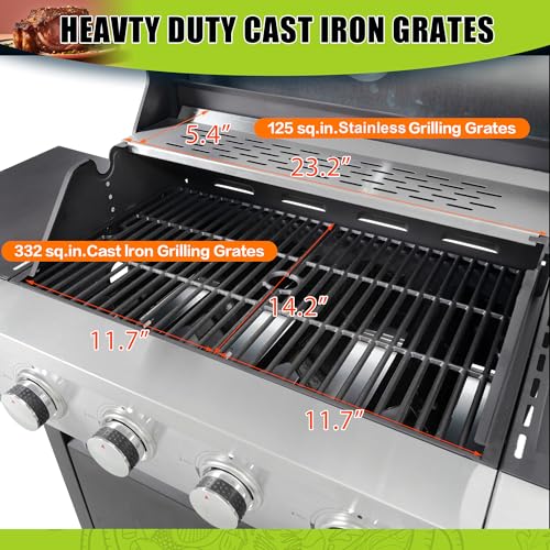 4 Burner Gas Grill with Side Burner, Stainless Steel Propane BBQ Grill with Built in Thermometer A240658