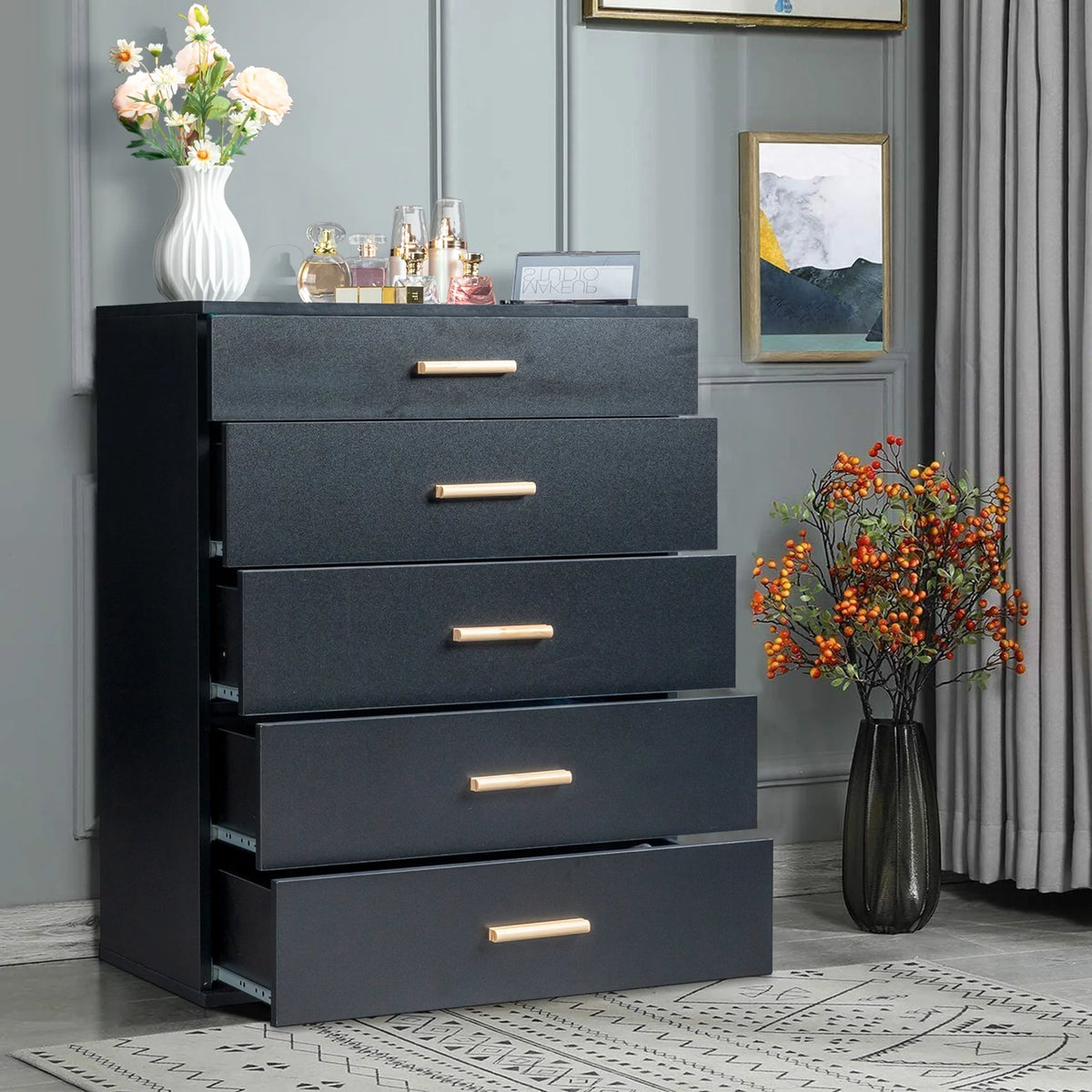 Black 5 Drawer Wood Dresser U2594
