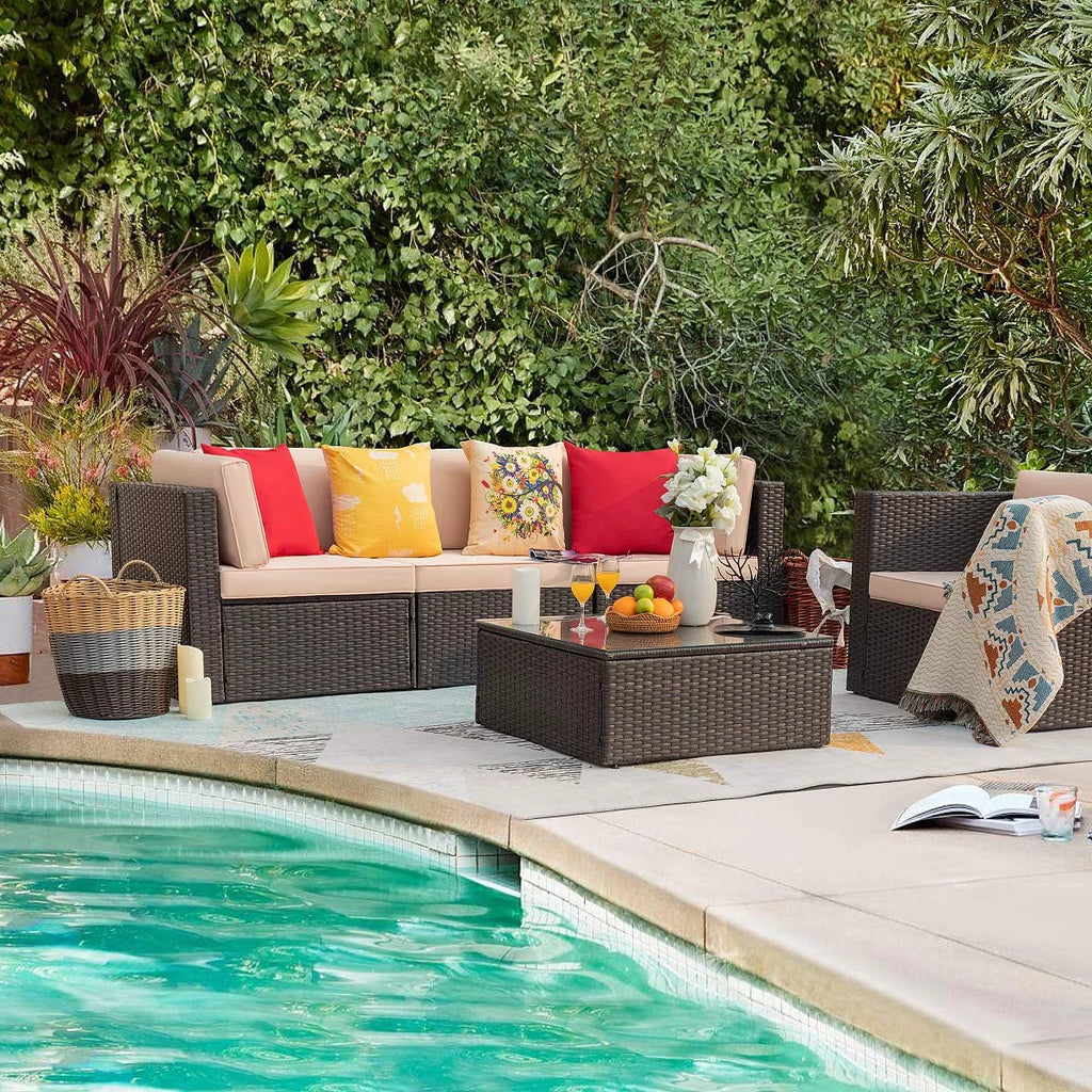 5 Pieces Patio Conversation Set Rattan Sectional Sofa with Glass Table Y703