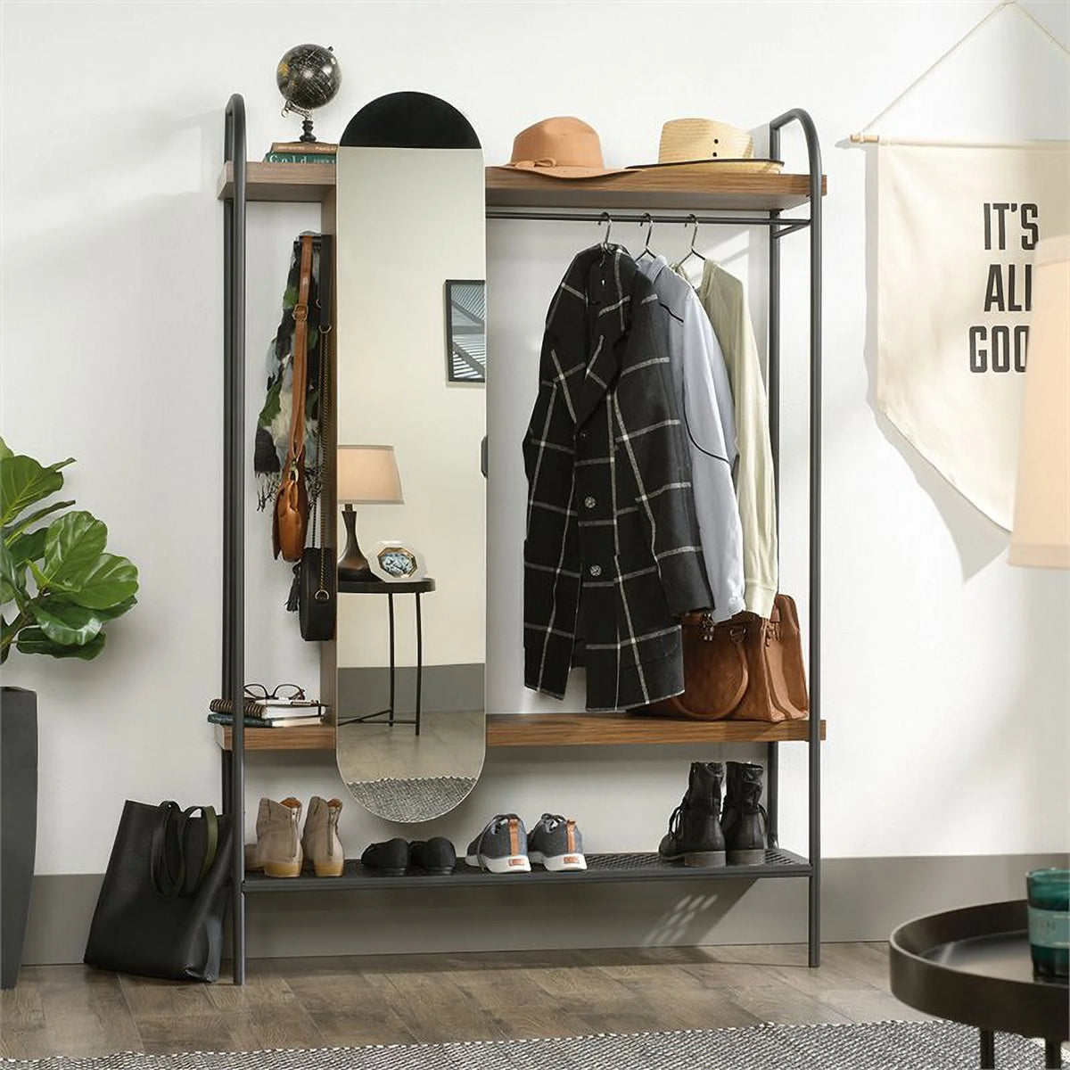 Modern Metal Hanging Wardrobe in Vintage Oak W9727