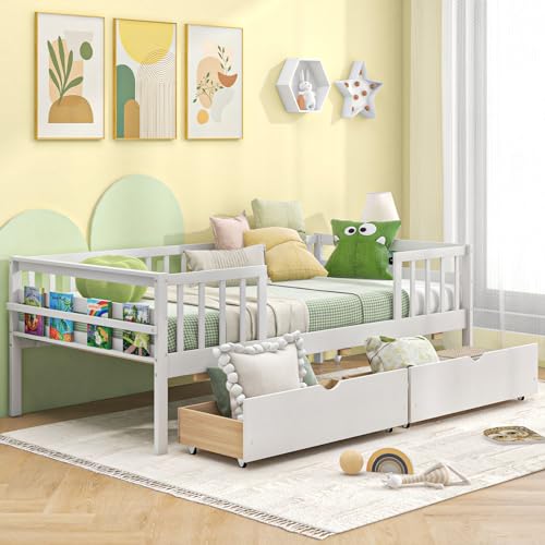 White Twin Wood Kids Bed with Storage Drawers X90657