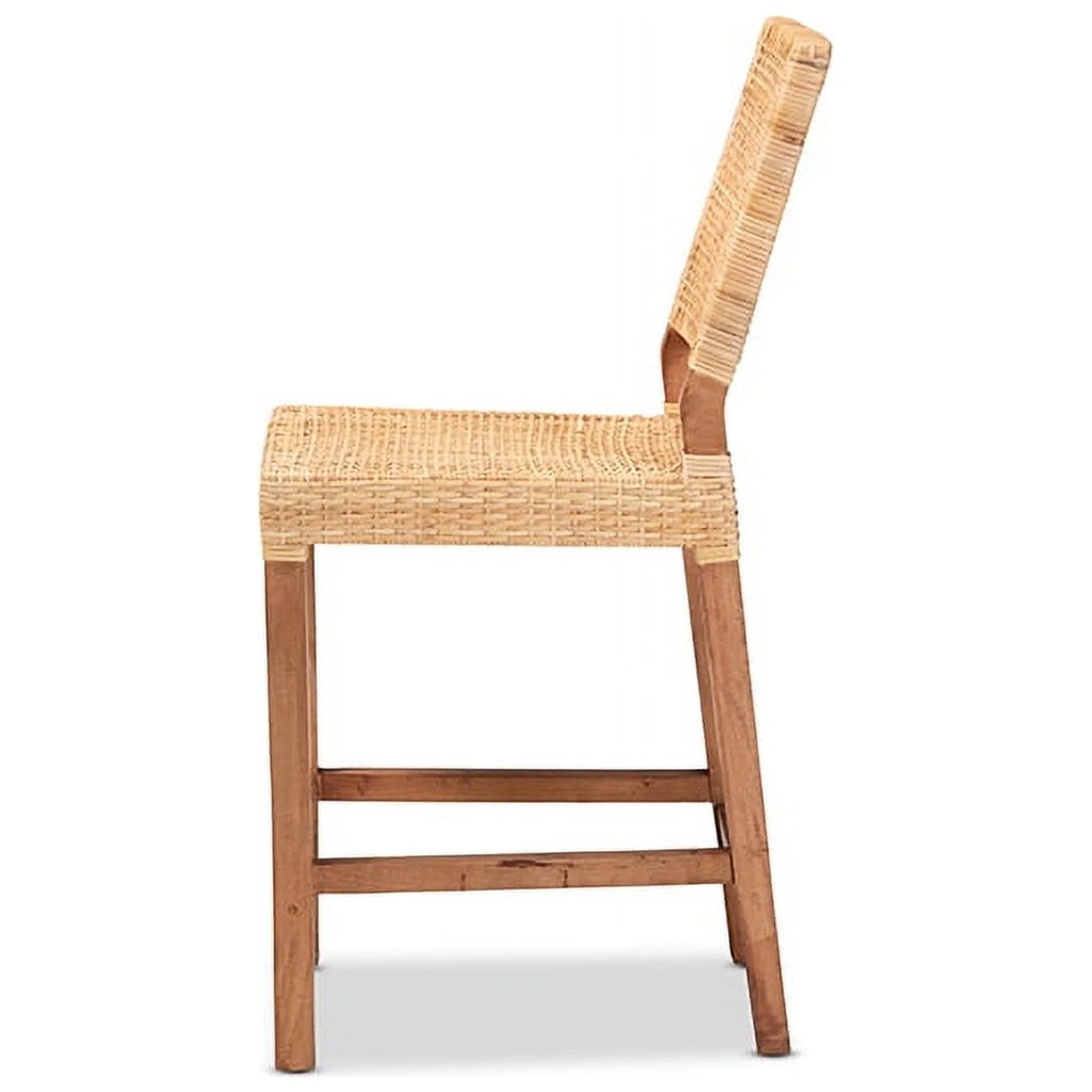 Natural Brown Rattan and Walnut Brown Wood Counter Stool N7743