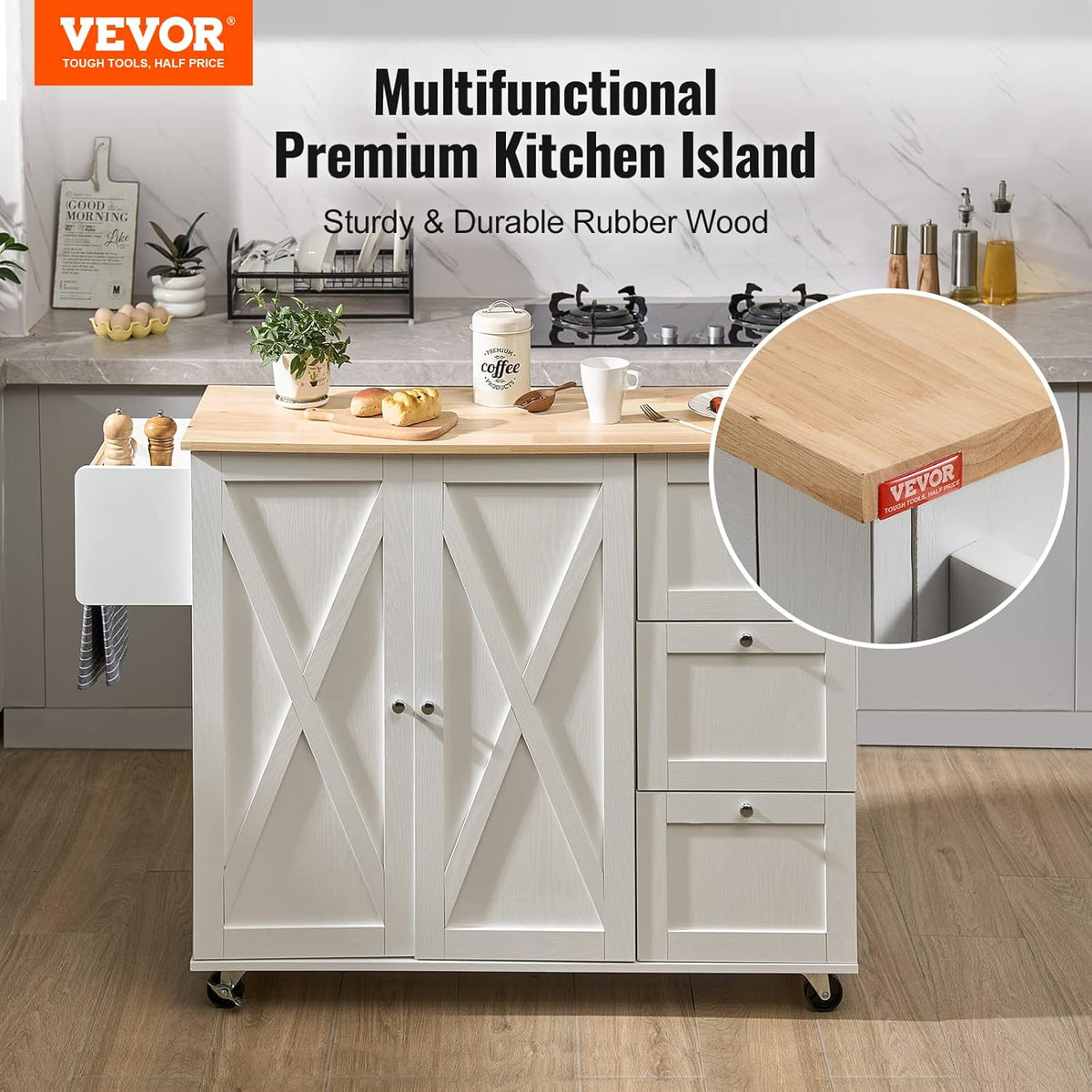 White Solid Wood Top Kitchen Island Cart with Storage Cabinet and Drop Leaf X7786