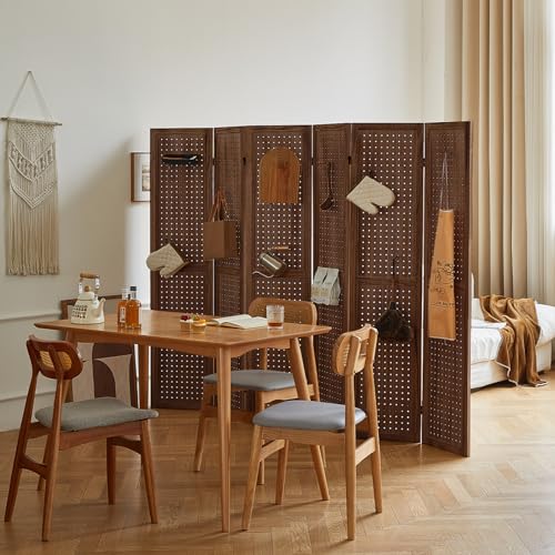 Natural Solid Wood 4 Panel Room Divider with Shelves and 16 Hooks G785734