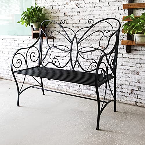 Black Cast Iron Metal Outdoor Bench with Armrests V929901