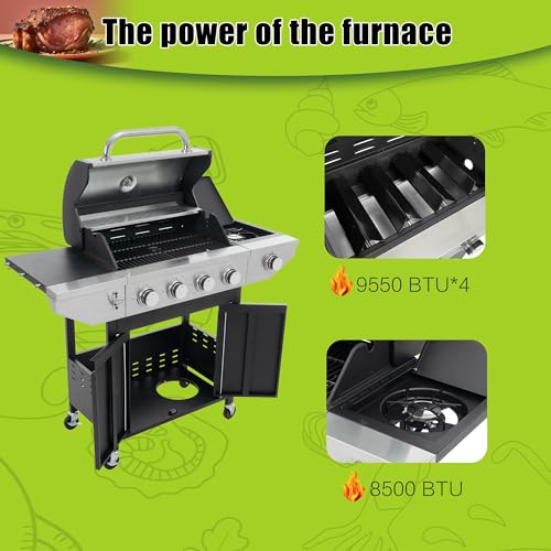 4 Burner Gas Grill with Side Burner, Stainless Steel Propane BBQ Grill with Built in Thermometer A240658