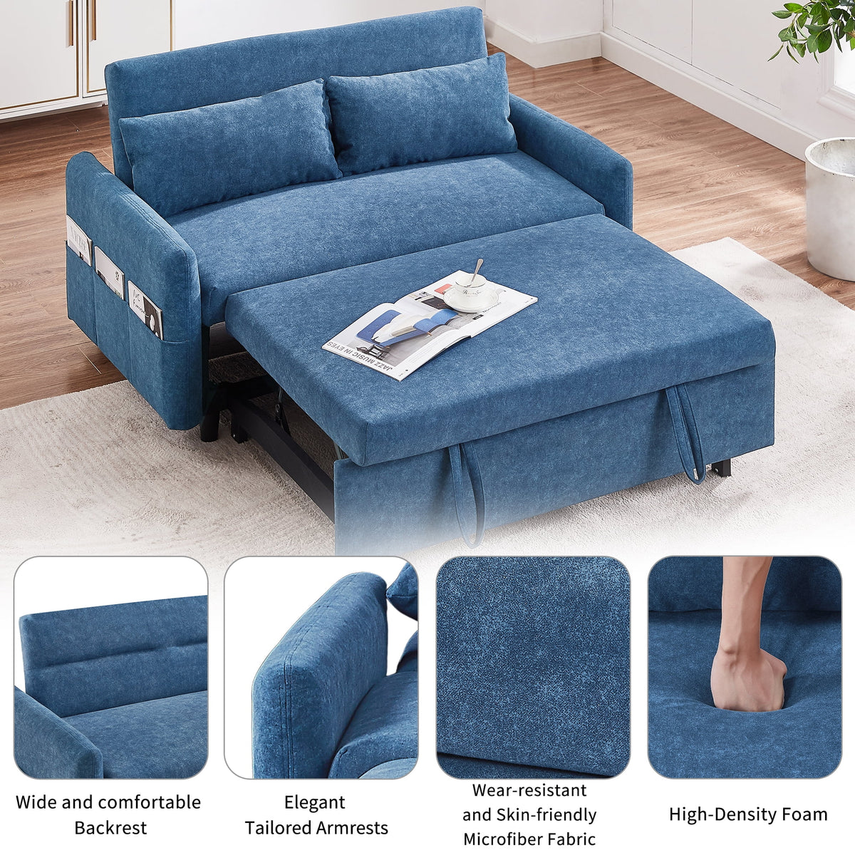 Blue Pull Out Sleep Sofa Bed with Adjustable Backrest and Storage Pockets L1311