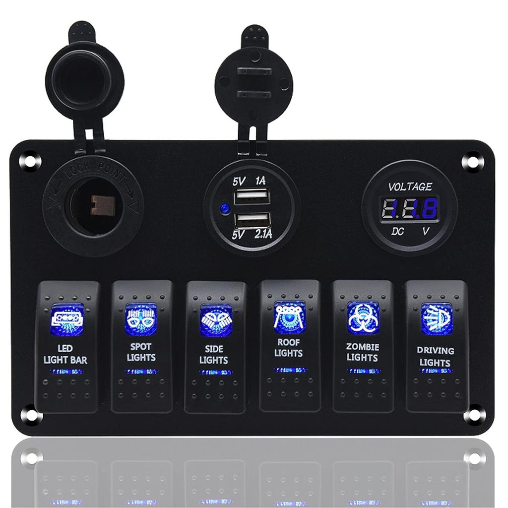 Waterproof Rocker Marine Switch Panel with USB, Blue LED, Pack of 2 G306