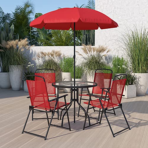6-Piece Patio Dining Set with Glass Table, Folding Chairs, and Umbrella, Navy W1179