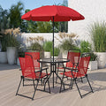 6-Piece Patio Dining Set with Glass Table, Folding Chairs, and Umbrella, Navy W1179