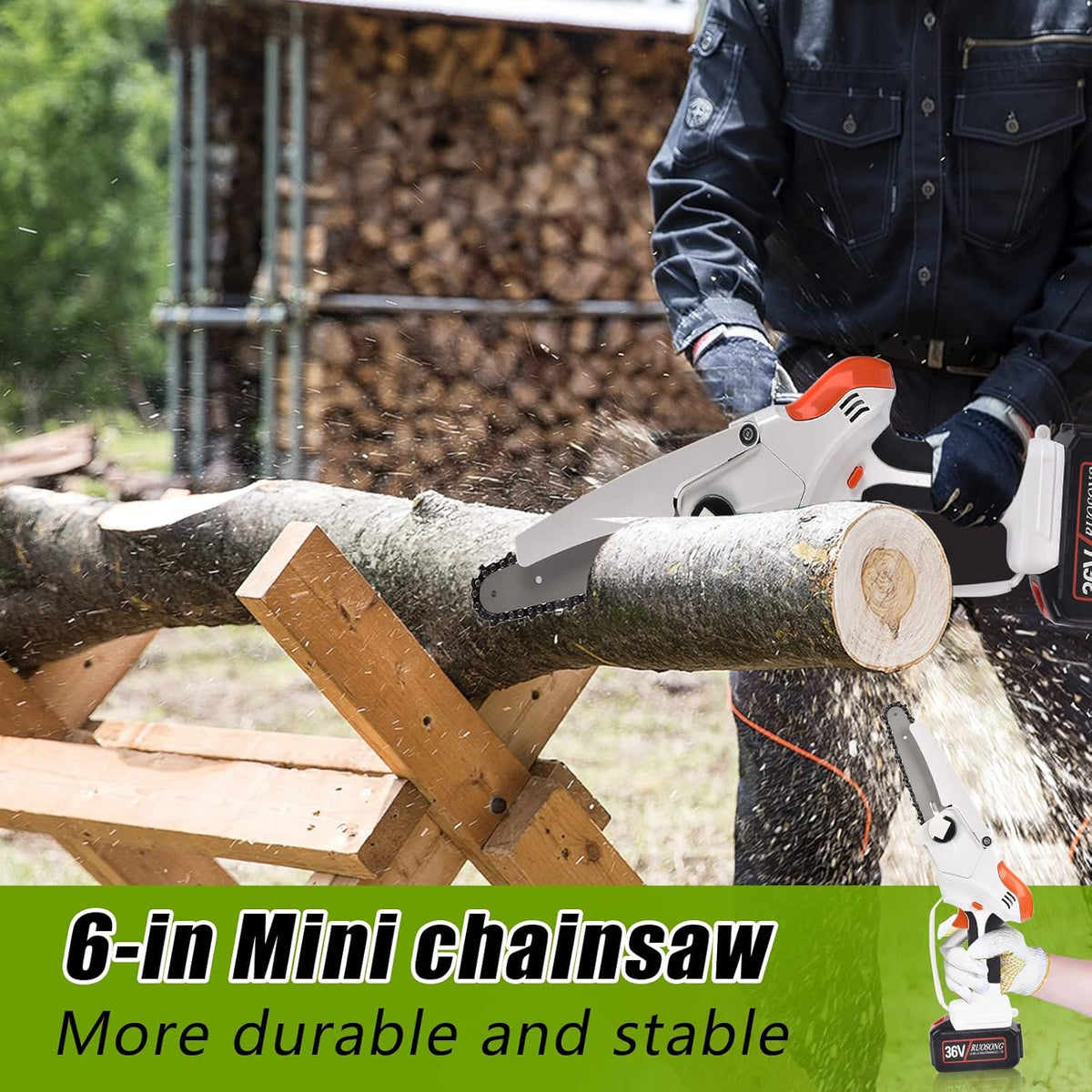 Mini Chainsaw Cordless 6'' 36V with 2 Rechargeable Batteries D371433