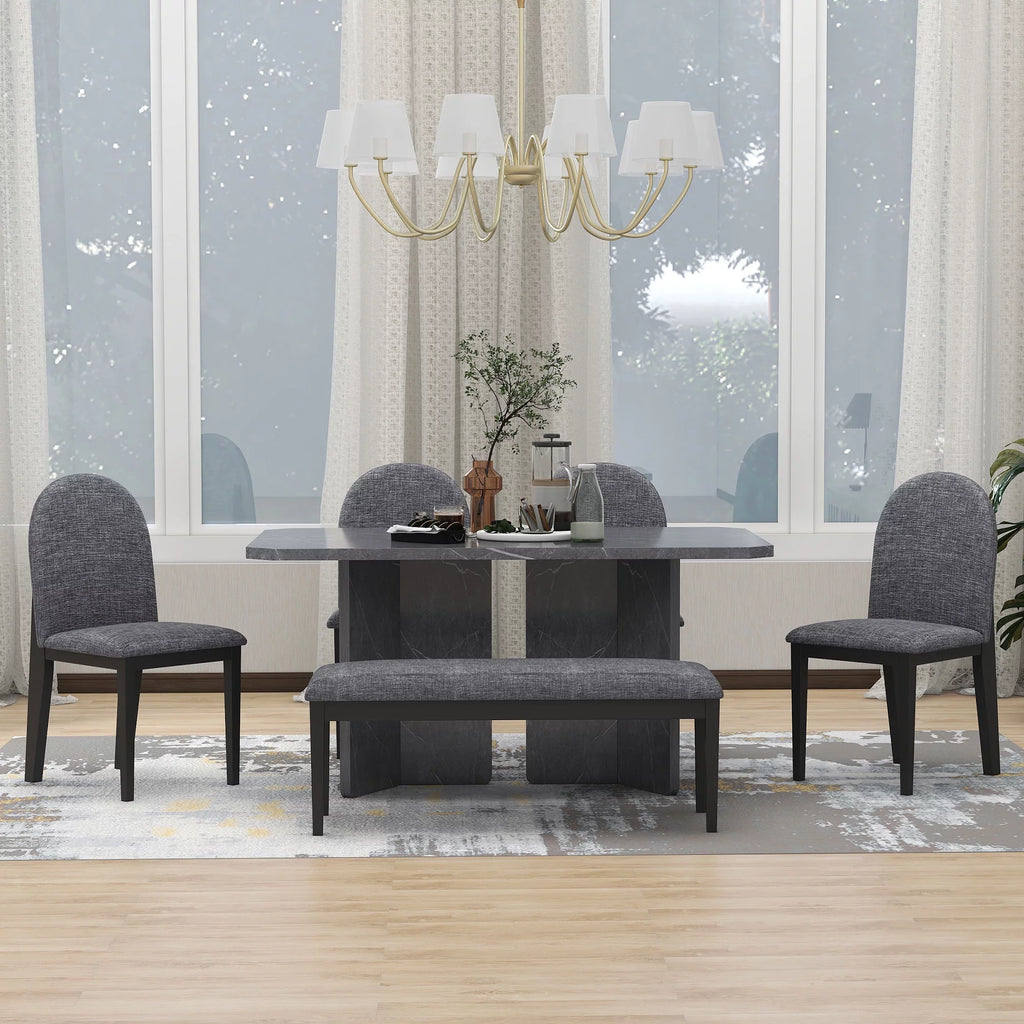 6-Piece Faux Marble Dining Set with 4 Chairs and 1 Bench V966115