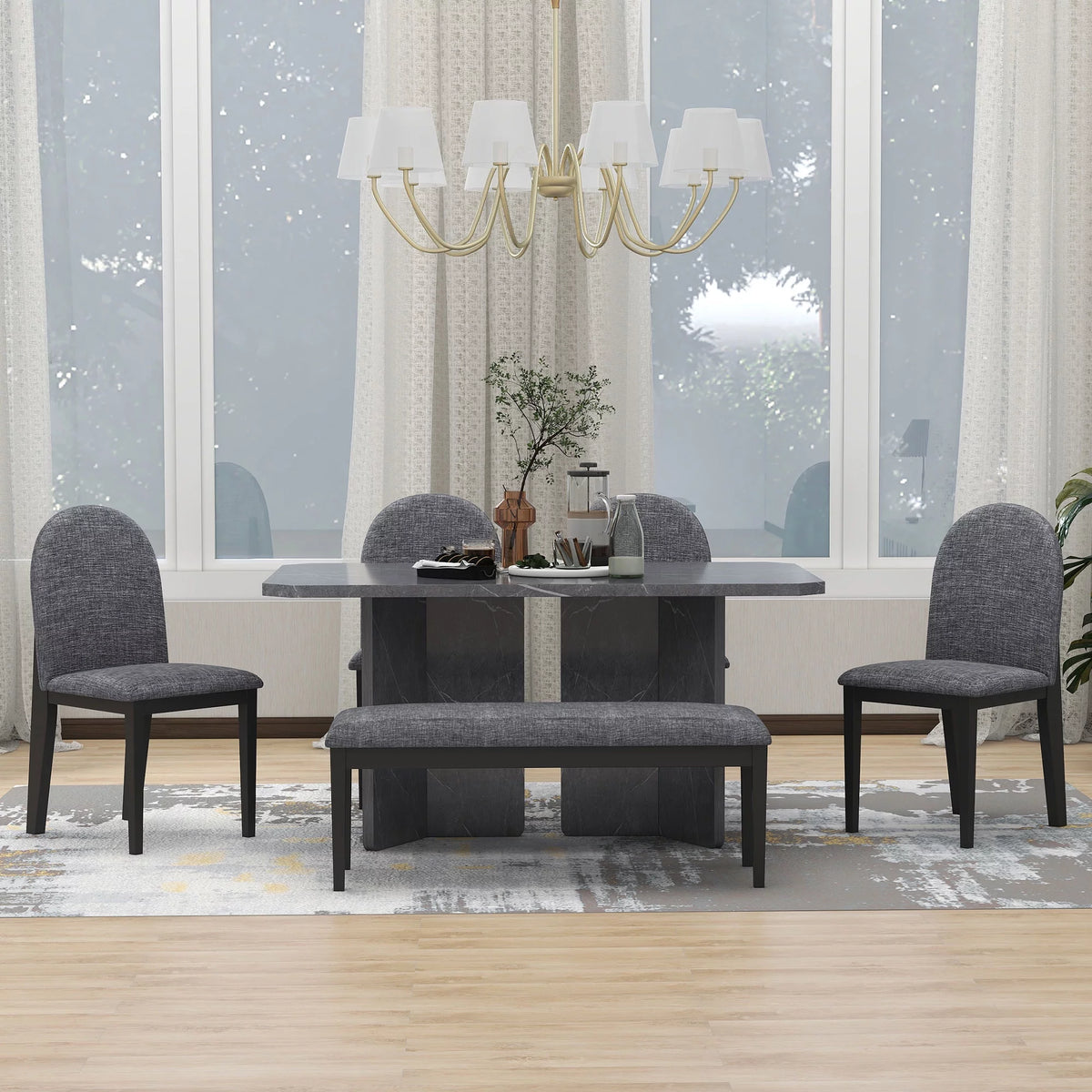 6-Piece Faux Marble Dining Set with 4 Chairs and 1 Bench V966115