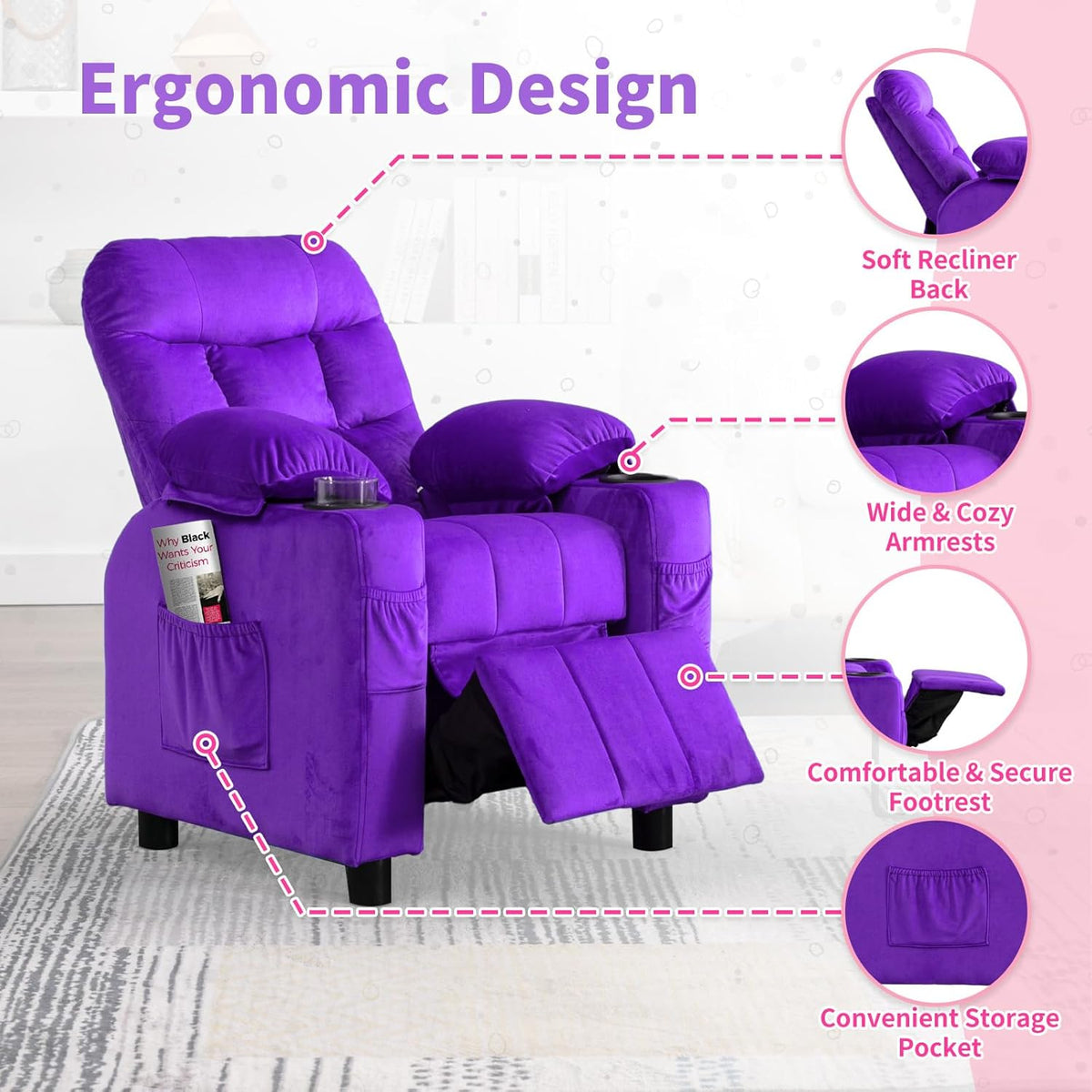 Purple Velvet Toddlers Kids Recliner Chair with Cup Holder D52587