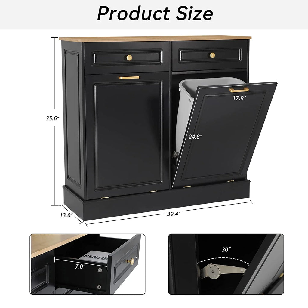Black Double Tilt Out Trash Cabinets with Drawers Wooden Recycling Cabinet P53541