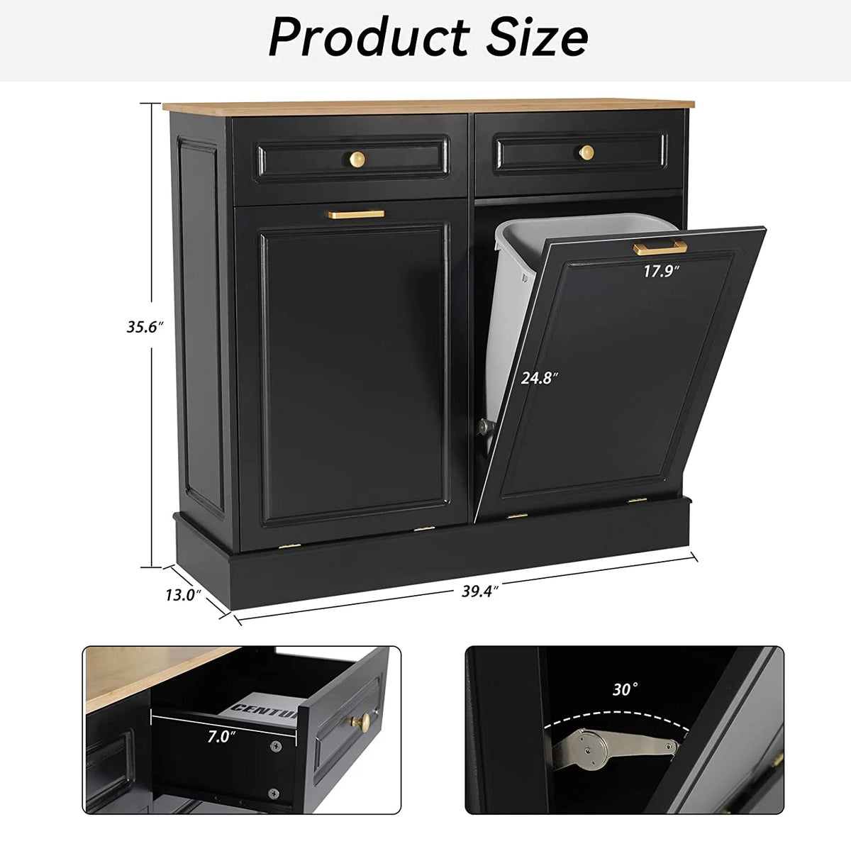 Black Double Tilt Out Trash Cabinets with Drawers Wooden Recycling Cabinet P53541