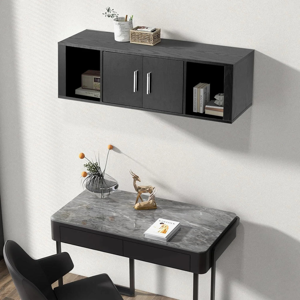 Black Wall Mounted Storage Cabinet with 2 Doors and 2 Open Shelves I211788