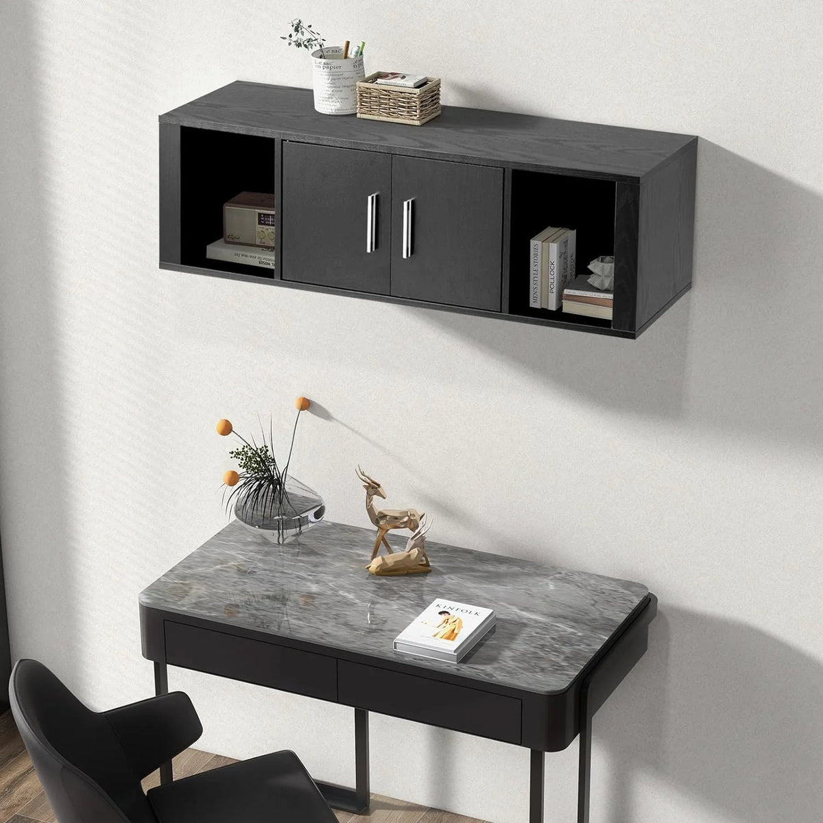 Black Wall Mounted Storage Cabinet with 2 Doors and 2 Open Shelves I211788