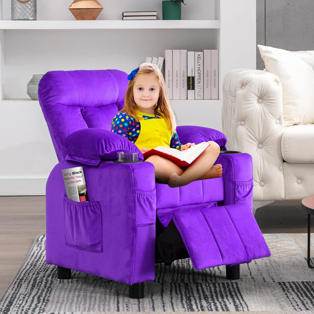 Purple Velvet Toddlers Kids Recliner Chair with Cup Holder D52587