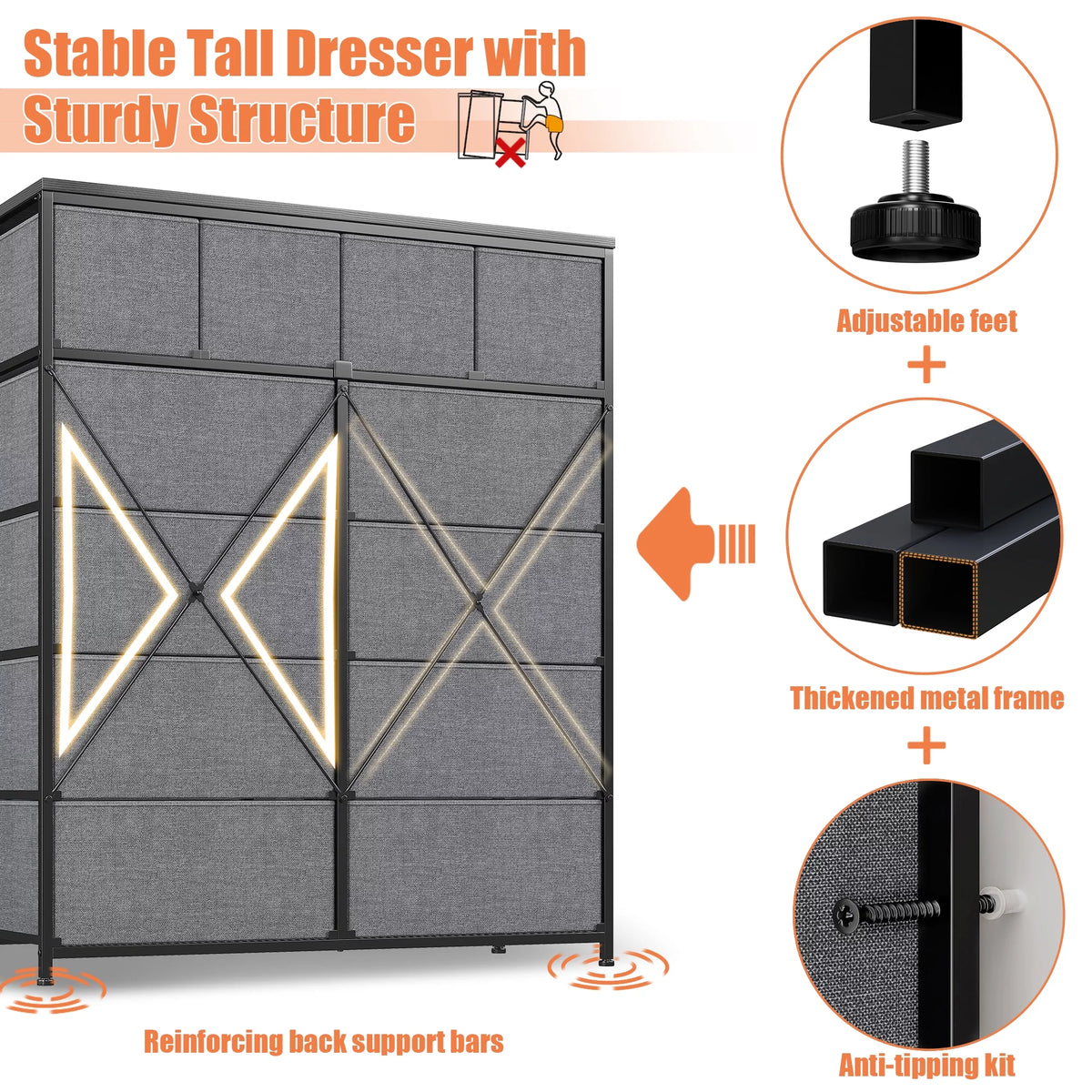 9 Drawer Fabric Dresser with Shelves E853397