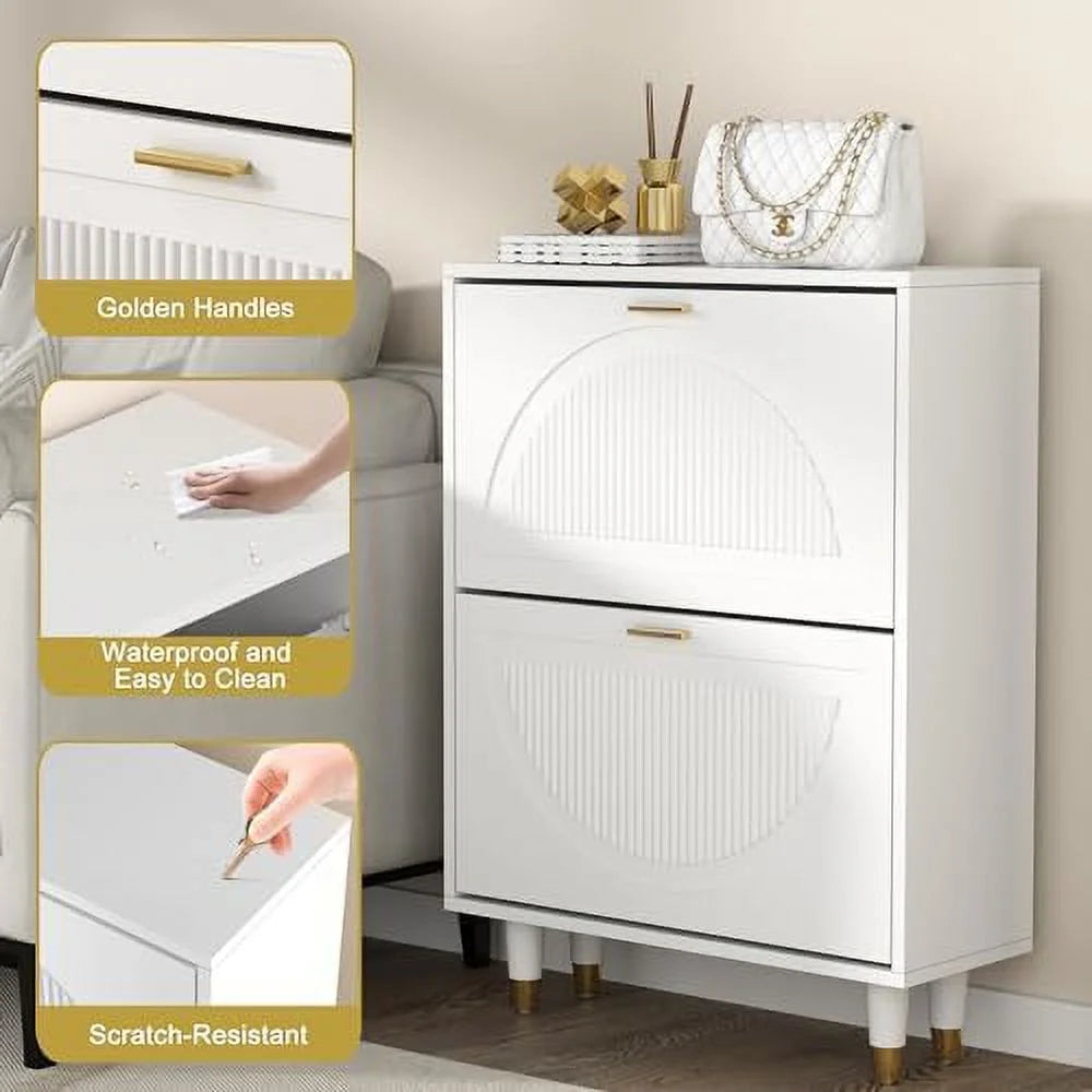 White Slim Narrow Shoe Cabinet with Doors 2 Flip Drawer O43575