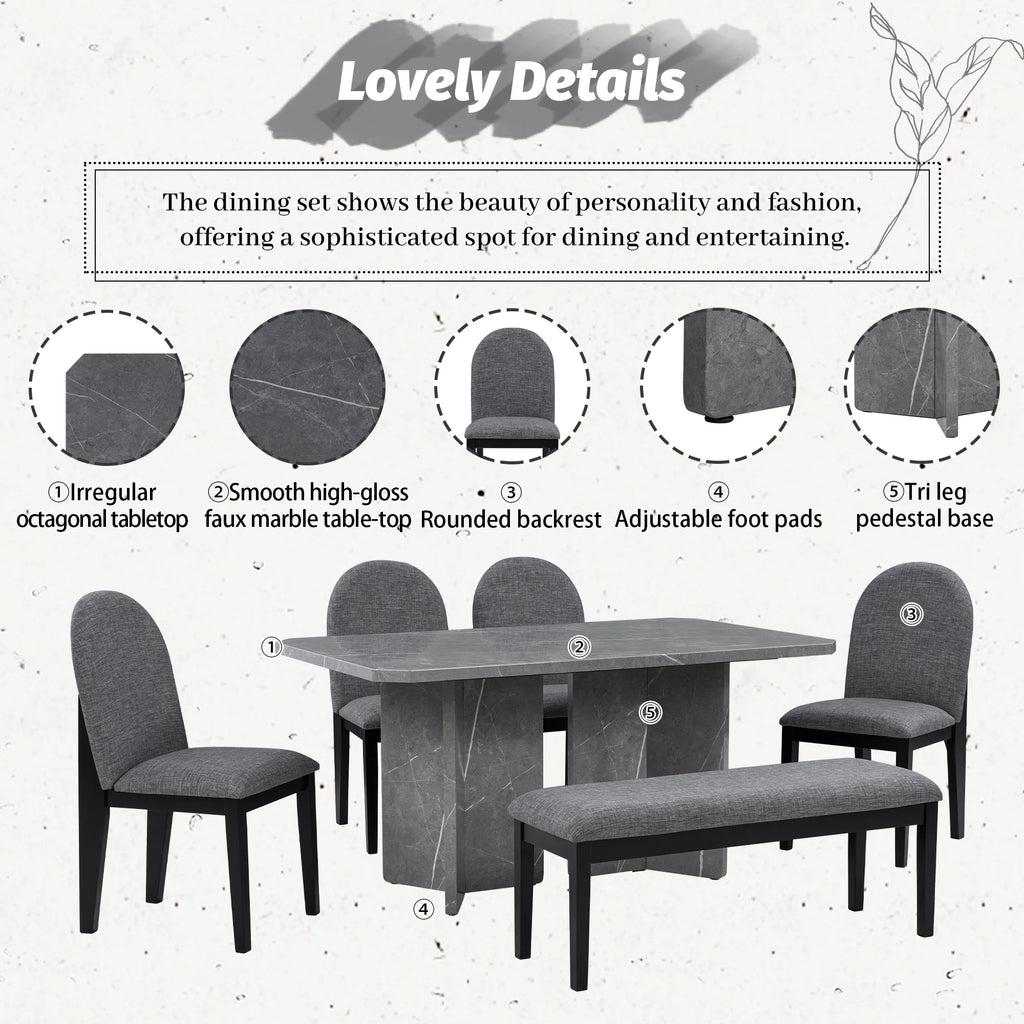 6-Piece Faux Marble Dining Set with 4 Chairs and 1 Bench V966115