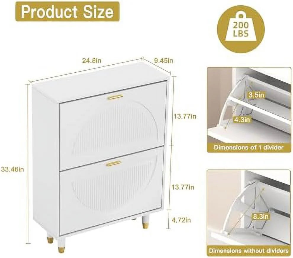 White Slim Narrow Shoe Cabinet with Doors 2 Flip Drawer O43575