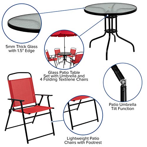 6-Piece Patio Dining Set with Glass Table, Folding Chairs, and Umbrella, Navy W1179
