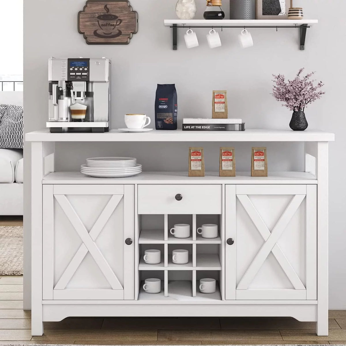 White Coffee Bar Cabinet with 9 Wine Racks L5163