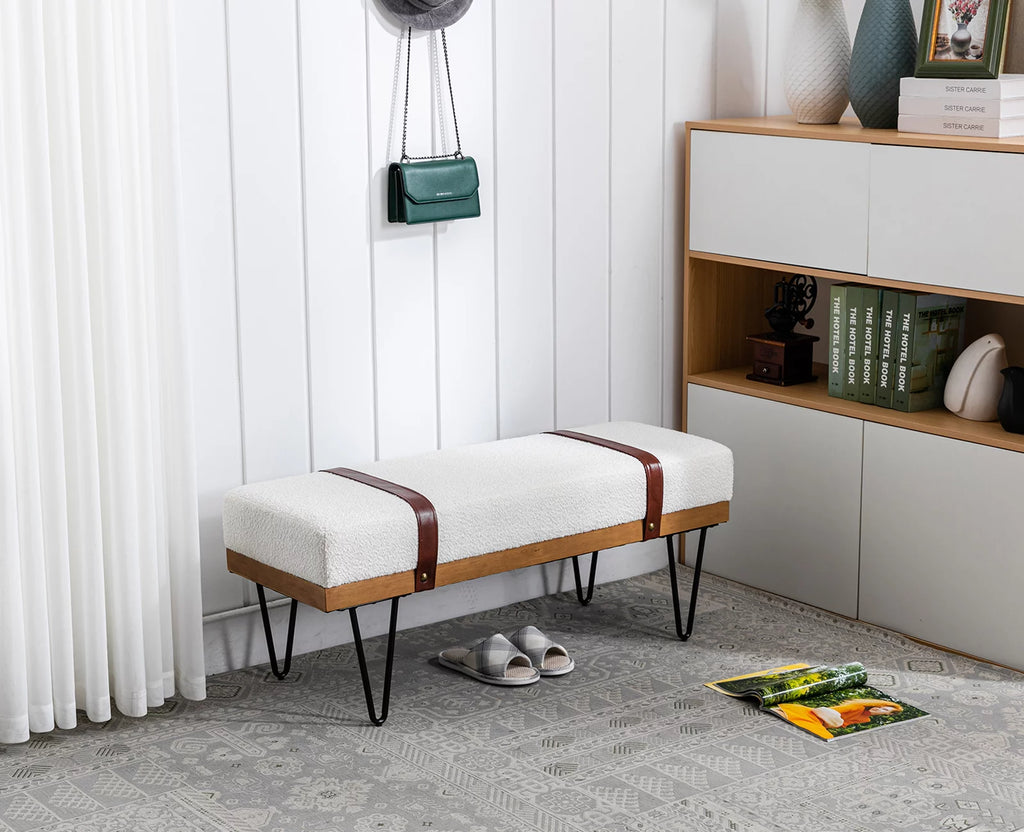 White Faux Fur Upholstered Ottoman Bench with Metal Legs E8972