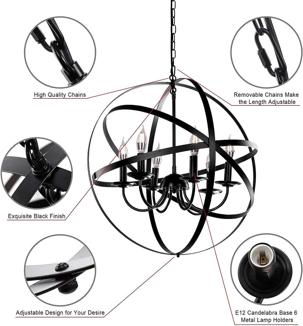 Black 6-Light Farmhouse Chandelier with Spherical Shade O438
