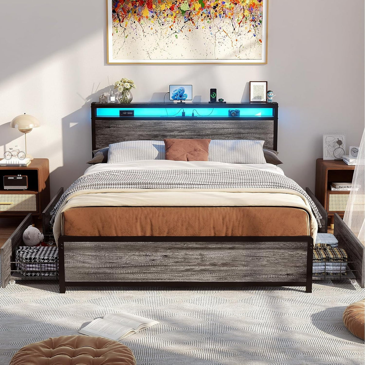 Black Oak Queen Size Bed Frame with 4 Storage Drawers O27514