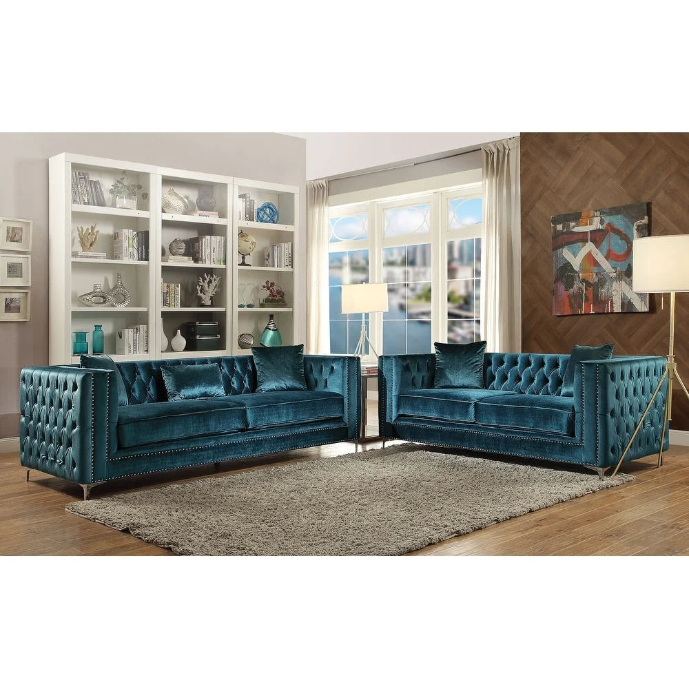 Dark Teal Velvet Tufted Loveseat Y4991