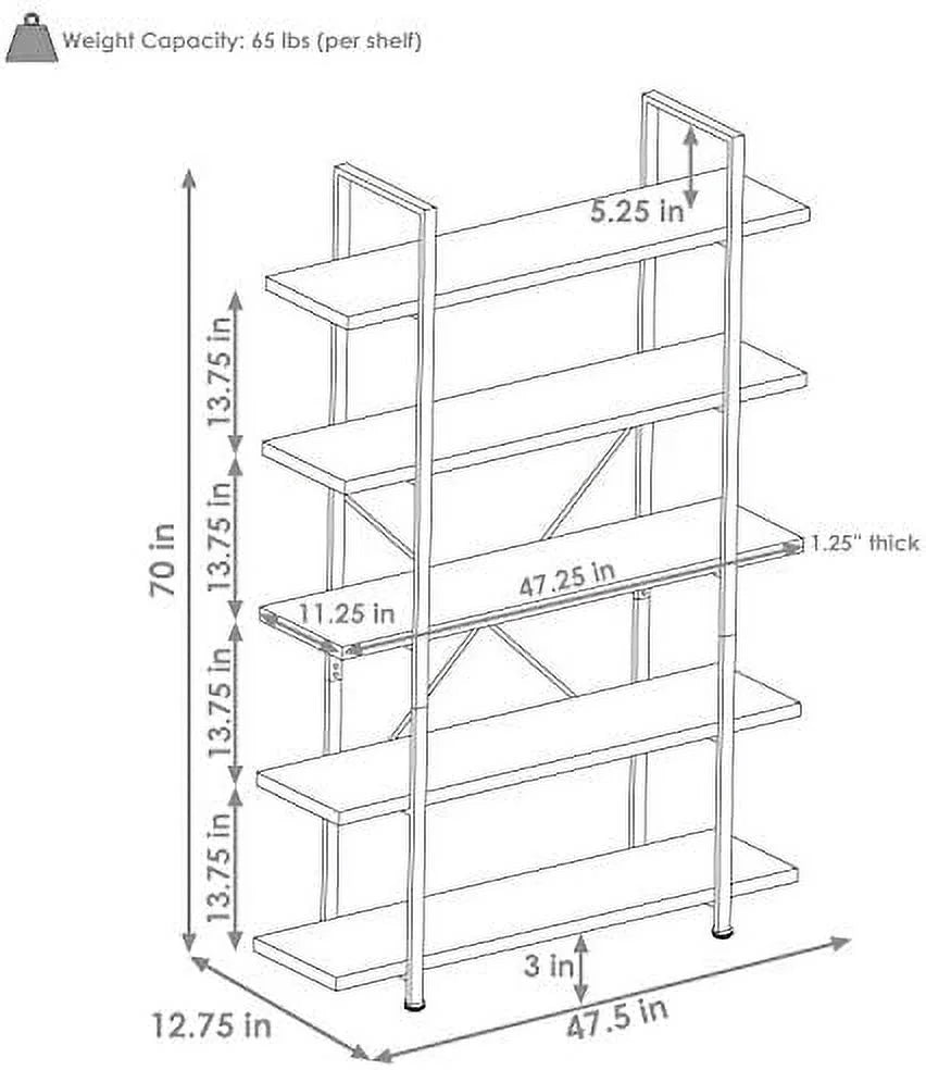 5-Tier Industrial Style Bookshelf with Open Shelves O41891