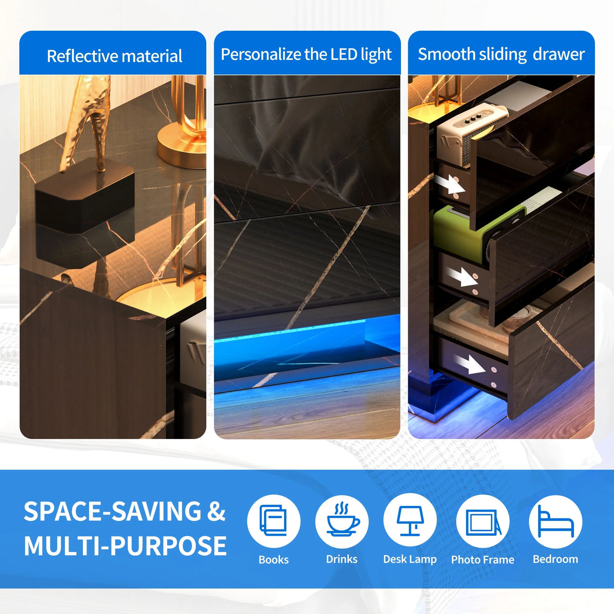 Set of 2 LED Nightstand with Drawer, Marble Black P847087