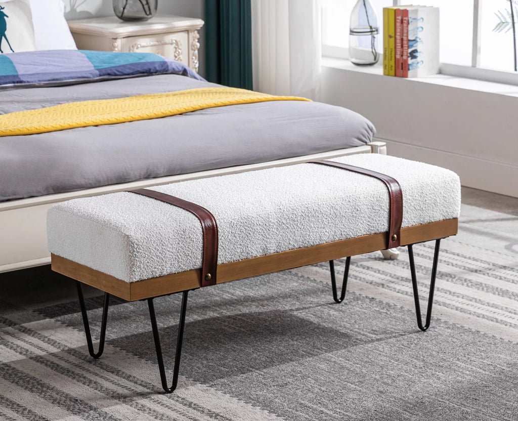 White Faux Fur Upholstered Ottoman Bench with Metal Legs E8972