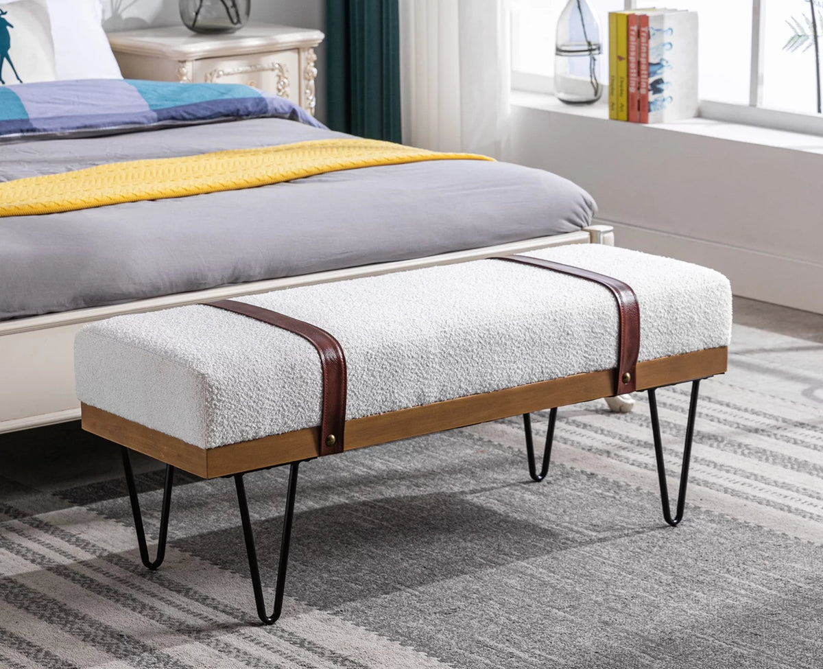 White Faux Fur Upholstered Ottoman Bench with Metal Legs E8972